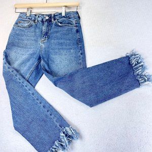 TOPSHOP Womens 25 Petite Stretch Moto Fringe Hem High Rise Denim Jeans Pockets